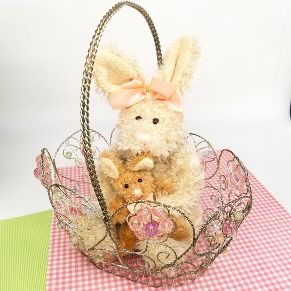 STUFFED MOM & BABY BUNNIES, VINTAGE 12" WITH JEWELED WIRE BASKET, LIKE NEW - Picture 1 of 6